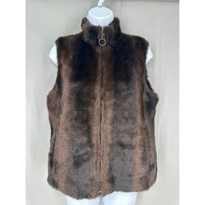 Y2K Vintage Faux Fur Vest Womens Medium Brown Pockets Zip